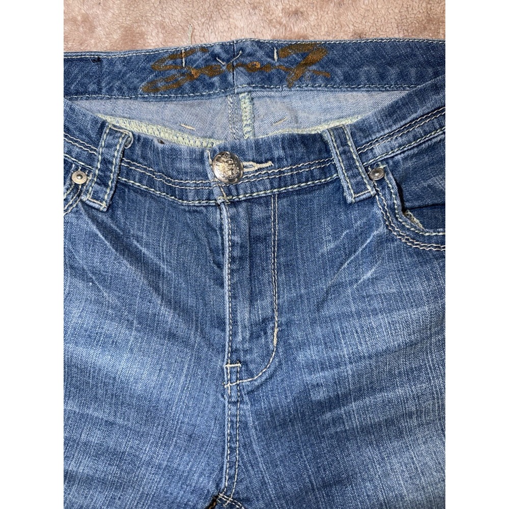 Seven7 Premium Denim Jeans Womens 12 Low Rise Flare Y2K Embroidered Distressed